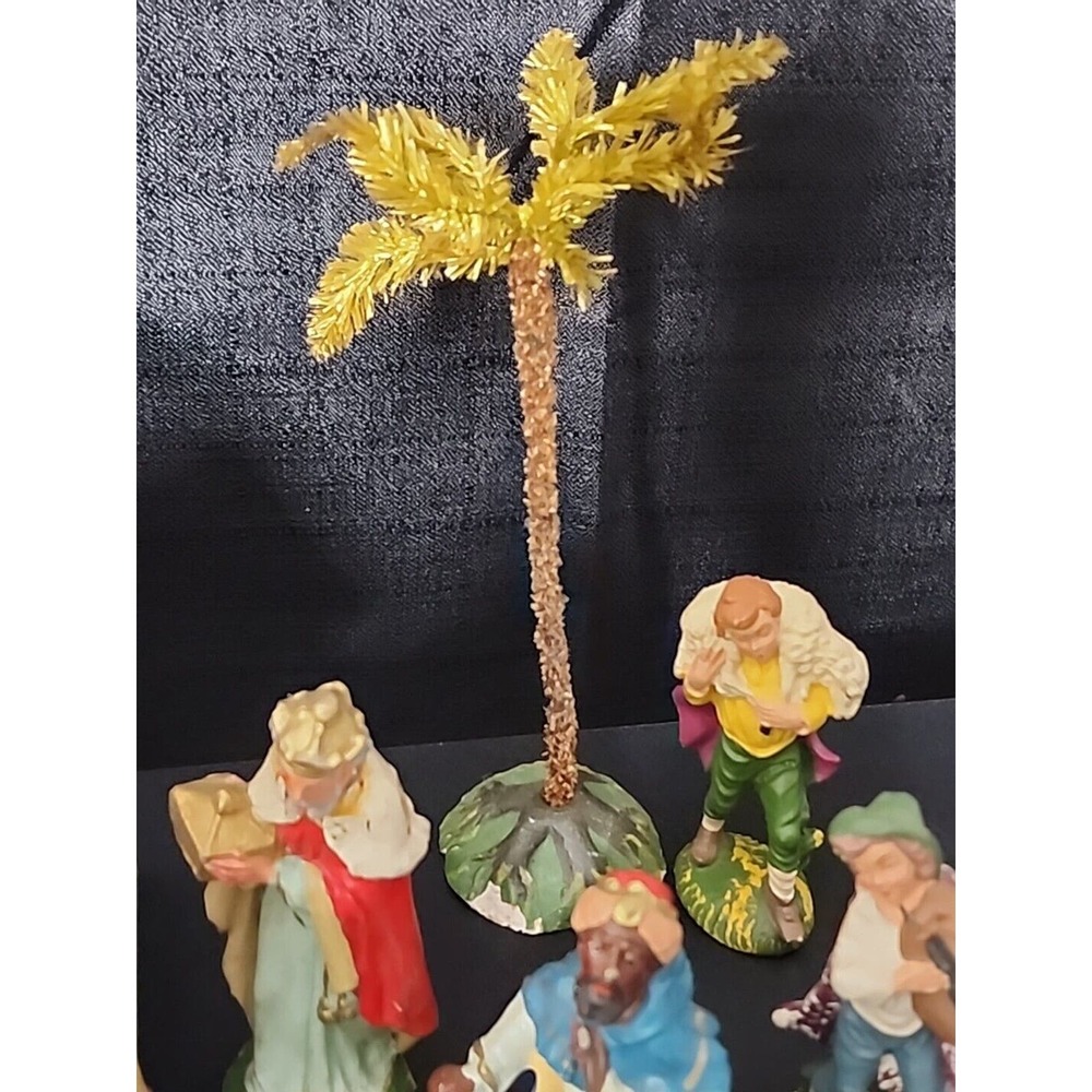 Antique 40s German Putz Chalkware Nativity Set w/ Creche 17pc Composition Palm - Picture 6 of 12